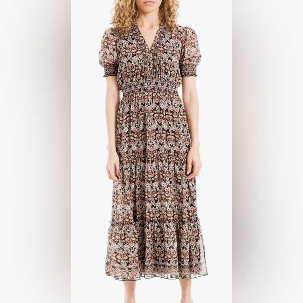 Never Worn- Max Studio Brown and Cream Smocked Tiered Sundress
